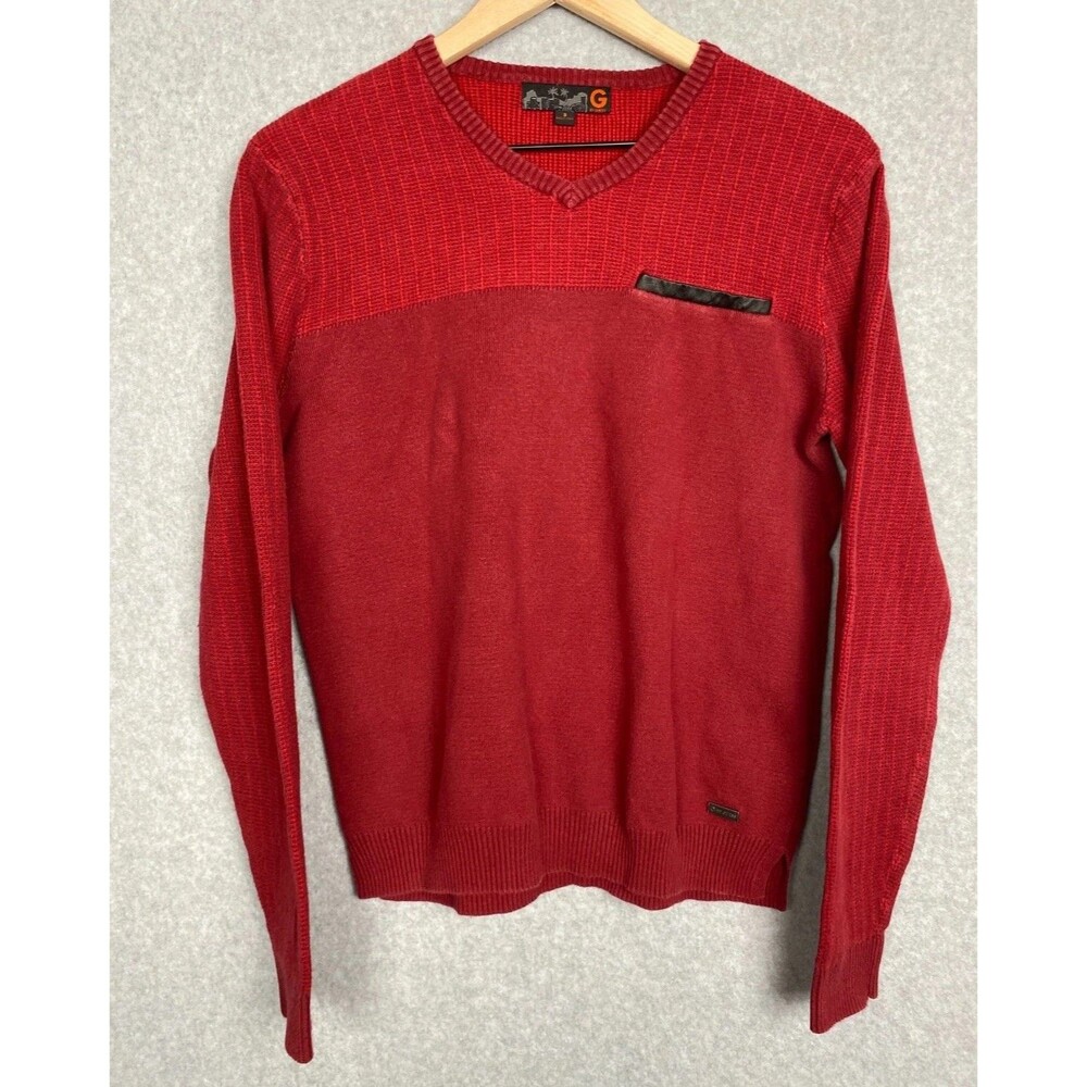 G by Guess Red V-Neck Sweater Size Small Knit Long Sleeve Pullover Men’s